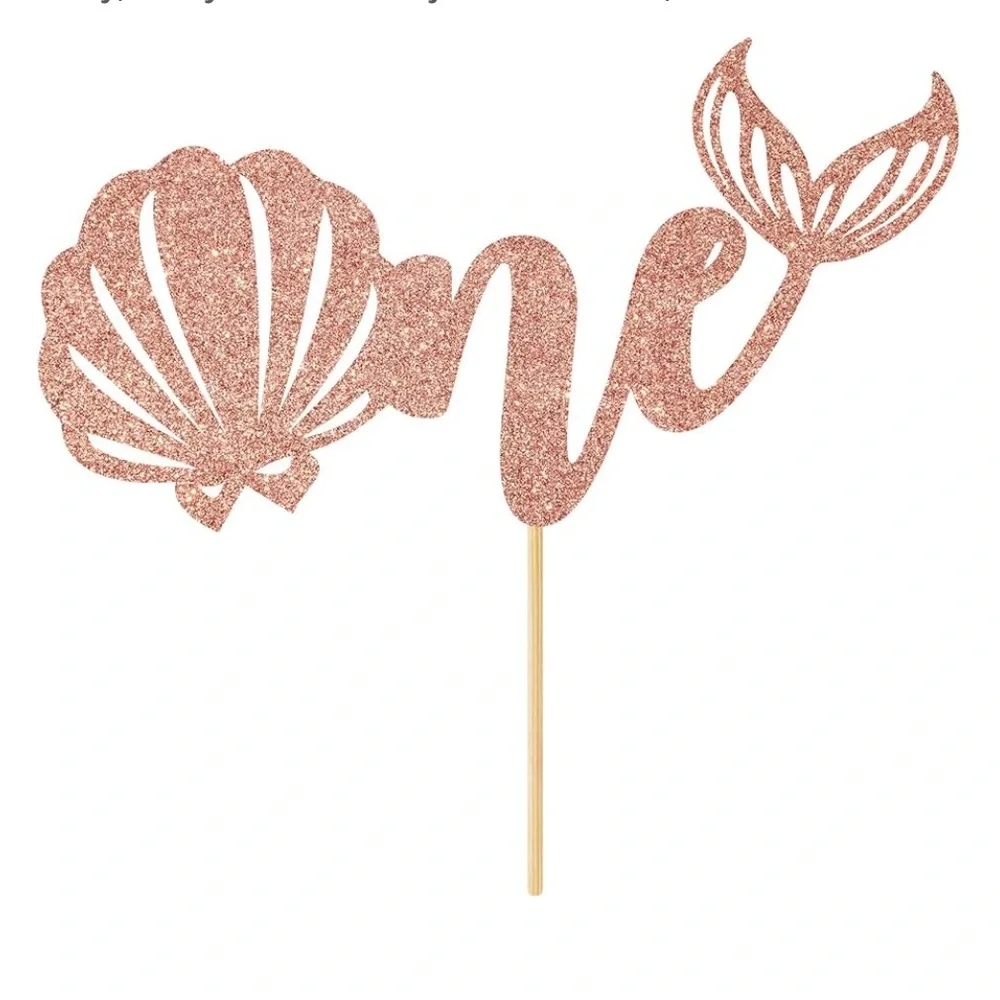 Mermaid Theme Rose Gold Glitter One Cake Topper Set of 2